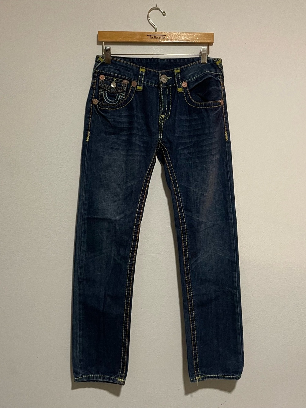 True Religion Vintage Colorful Stitch Billy Super T Bootcut Blue Jeans, Size 32